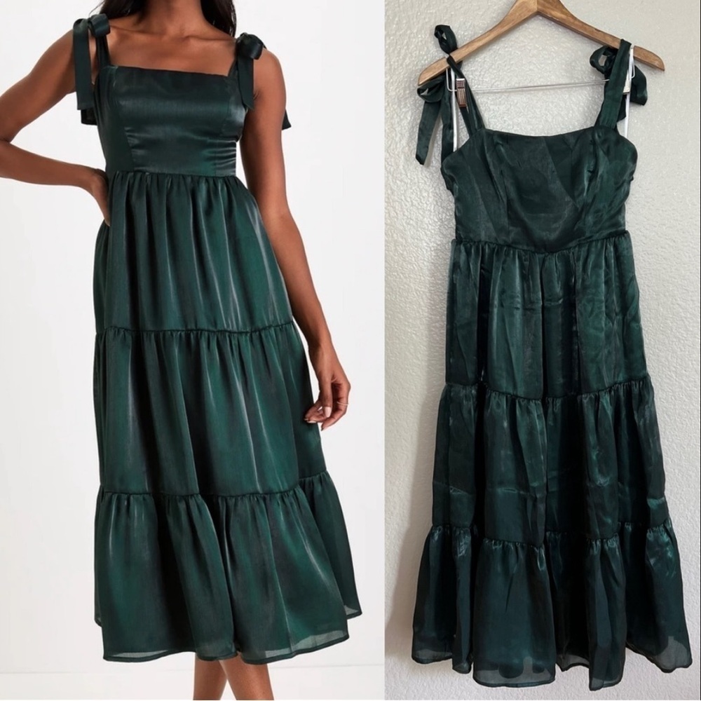 Desirable Darling Shiny Dark Green Organza Tie-Strap Midi Dress